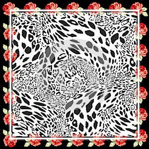 Silk scarf design, fashion textile.Red rose pattern.Leopard print.