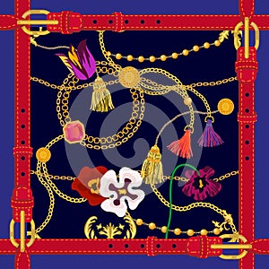 Silk scarf with fashion elements.