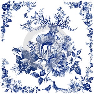 Silk scarf with floral and wild animal. Deer illustration. Vintage design shawl with roses. photo