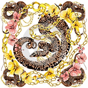 Silk scarf with gold chains, snakes and orhid flowers.