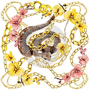 Silk scarf with gold chains, snakes and orhid flowers.