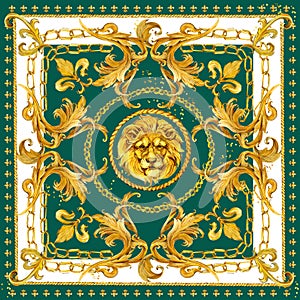 Silk scarf with golden lion and damask ornament. luxury shawl design. gold lace