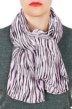 Silk scarf. Lilac silk scarf around her neck isolated on white background.