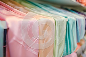 silk scarves with pastel hues neatly aligned on a retail shelf