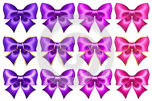 Silk ultra violet and pink bows with golden border and glitter
