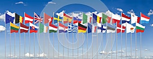 Silk waving 28 flags of countries of European Union. Blue sky background. 3D illustration