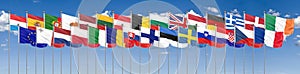 Silk waving 28 flags of countries of European Union. Blue sky background. 3D illustration. - Illustration