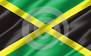 Silk wavy flag of Jamaica graphic. Wavy Jamaican flag 3D illustration. Rippled Jamaica country flag is a symbol of freedom,