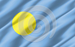 Silk wavy flag of Palau graphic. Wavy Palauan flag 3D illustration. Rippled Palau country flag is a symbol of freedom, patriotism