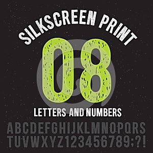 Silkscreen print style letters and numbers. Vintage grunge alphabet vector set