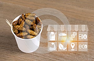 Silkworm Pupae insects for eating as food with icons media nutrition. Chrysalis silk worm deep-fried snack in disposable cup for