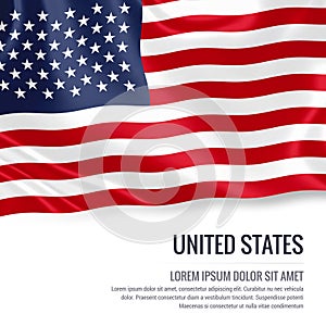 Silky flag of United States waving on an isolated white background with the white text area for your advert message.