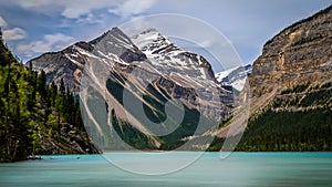 The silky looking turquoise water of Kinney Lake in Robson Provincial Park