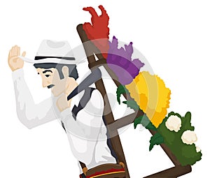 Silletero carrying a floral arrangement in the Festival of Flowers, Vector illustration photo