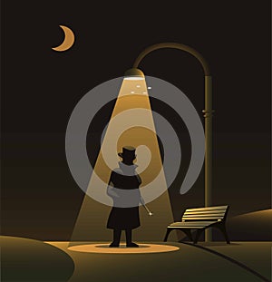 Sillhouette of Jack the ripper under street light at park in night. urban legend horror scene concept illustration vector