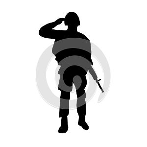 sillhouette of military man with risen hand in helmet