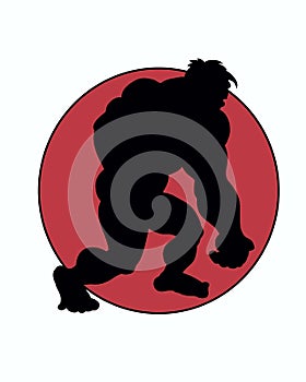 Sillouette of a caveman character walking symbol and a red circle