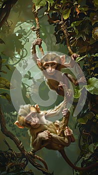 Silly baby monkeys swinging from vine to vine in the jungle canopy