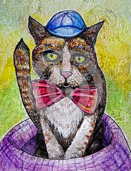 Silly cat with hat and bow tie art photo