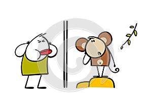 Silly child is teasing animals at the zoo. Vector drawing of cartoon boy showing his tongue, confused monkey looking