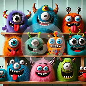Silly monsters with funny faces and wacky features, photo v photo
