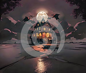 Silly night scene of haunted house on the lake with full moon and bats