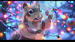 A silly squirrel dressed in a fuzzy onesie surrounded by disco lights and dancing to its favorite song while enjoying a