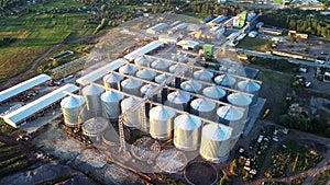 Silo towers construction recorded using drone in the sky with sunset light