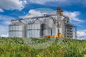 silos on agro-industrial complex with seed cleaning and drying line for grain storage