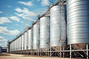 Silos on agro manufacturing plant for processing drying and storage of agricultural products