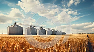 Silos in a wheat field. Storage of agricultural production