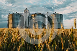 Silos in a wheat field. Storage of agricultural production