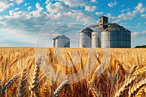Silos in a wheat field. Storage of agricultural production
