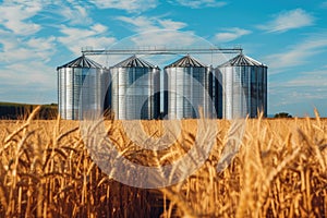 Silos in a wheat field. Storage of agricultural production