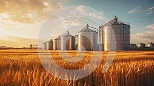 Silos in wheat field. Storage of wheat production