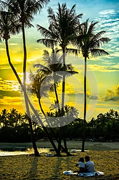 Siloso Beach with couple relaxing under coconut trees during sunset at Sentosa Island, Singapore.