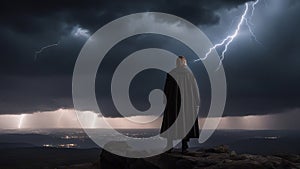 siloutte storm over the sea He was standing on the hill, looking at the religious and scientific apocalyptic background. photo