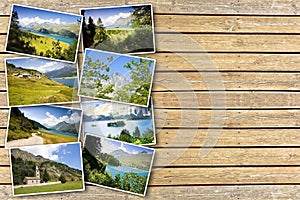 Sils lake in the Upper Engadine Valley in a summer day Europe - Switzerland - Postards concept on wooden background