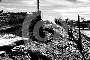 silt fence at a construction site with exposed dirt piled against the fabric