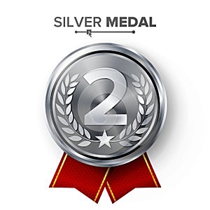 Silver 2st Place Medal Vector. Metal Realistic Badge With Second Placement Achievement. Round Label With Red Ribbon, Laurel Wreath