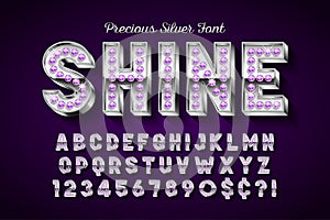 Silver 3d font with gems, gold letters and numbers.