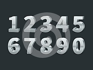 Silver 3d numbers. Realistic shiny metallic number symbols with shadows, creative chrome digits, credit cards font