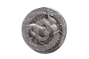 Silver 5 shekel Carthaginian coin with the winged horse Pegasus on the reverse