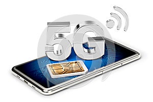 Silver 5G sign on smart phone screen with sim card next to it. Isolated on white background. High speed mobile web technology. 3D