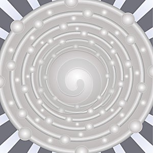 Silver abstract background with circle shape in optical art style, concentric circles with uneven distributed spheres