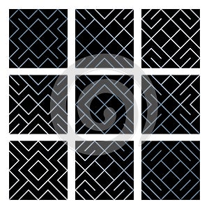 Silver abstract geometric seamless pattern tile backgrounds set with glittering mesh texture. Vector pattern of rhombus and metal