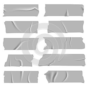 Silver adhesive tapes. Gray metallic colored strips, crumpled glued paper sticky pieces, packaging used stickers with