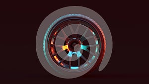 Silver Alloy Rim Wheel Complex Pattern Open Wheel Design with Racing Tyre with Red Blue Moody 80s lighting