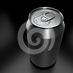 Silver aluminum beer or soda can isolated on black background. View from the top