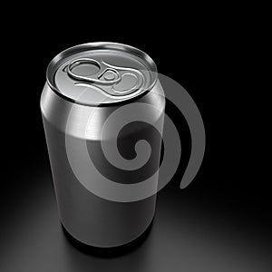 Silver aluminum beer or soda can isolated on black background. View from the top